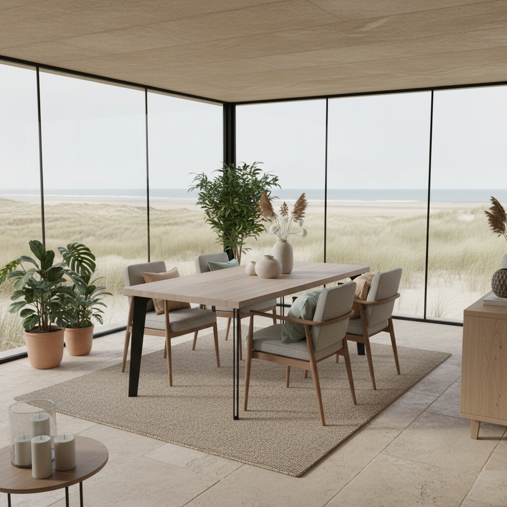 Esstisch aus gewachster Eiche mit hohlem Stahlbein von Wildwuchs-Möbel, modern und robust, in heller Ausführung.