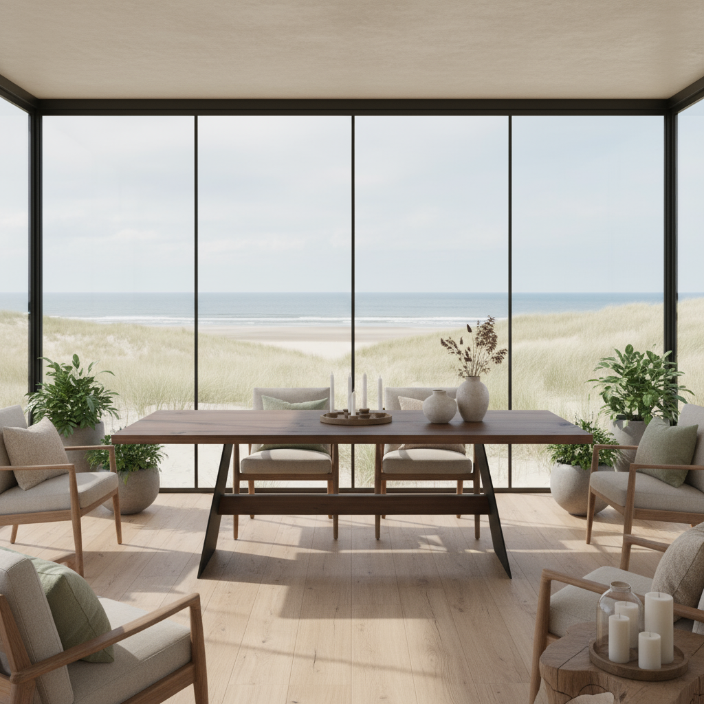 Rustic brown oak dining table by Wildwuchs-Möbel with wooden cross beams and sturdy steel supports.