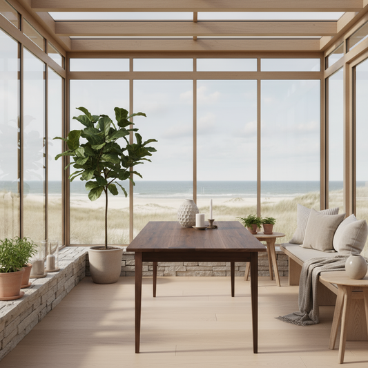 Rustic oak dining table by Wildwuchs-Möbel with sleek wooden legs, showcasing a rich brown waxed finish.