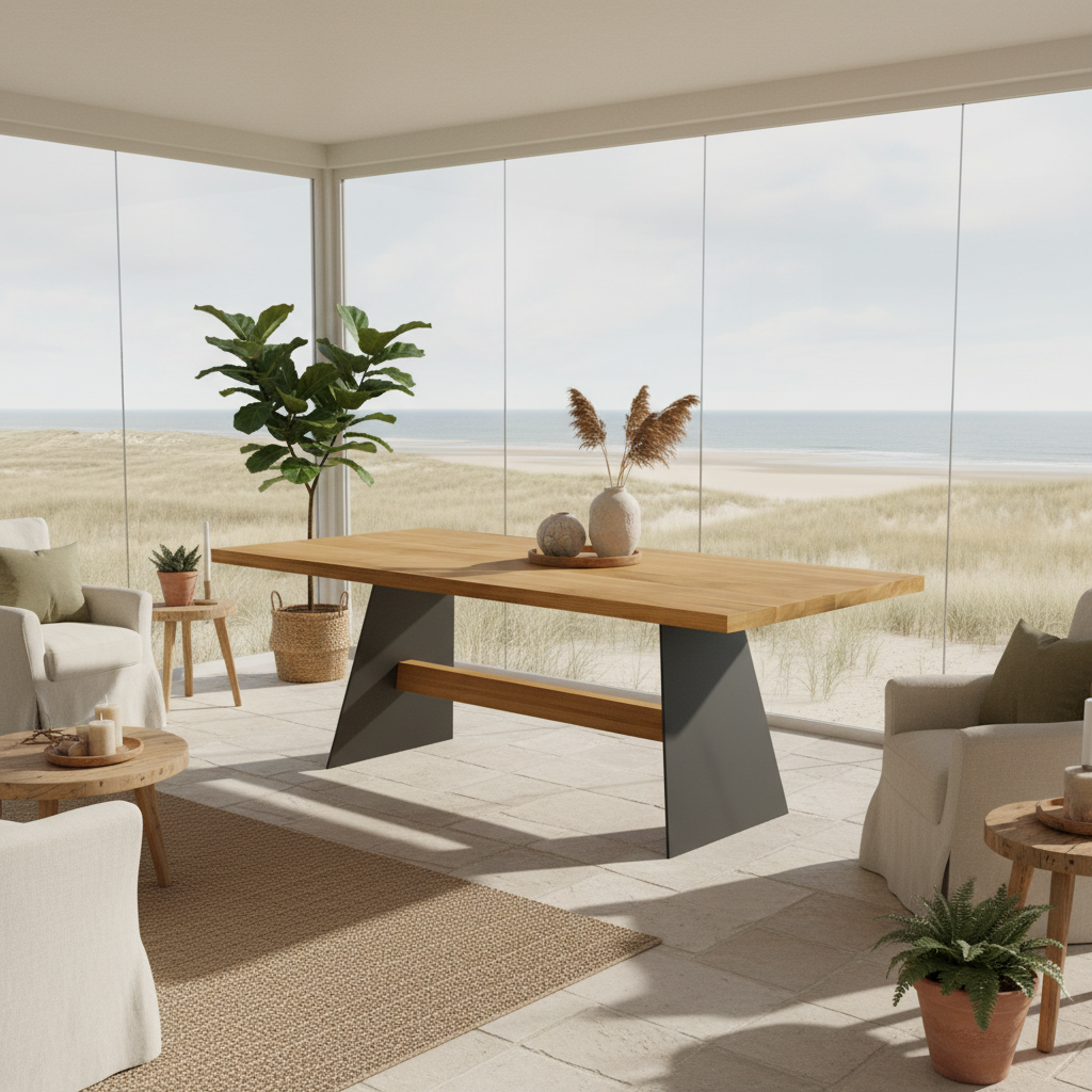 Esstisch aus Eiche von Wildwuchs-Möbel, natur gewachst, mit Querträger aus massivem Stahl und Holz.