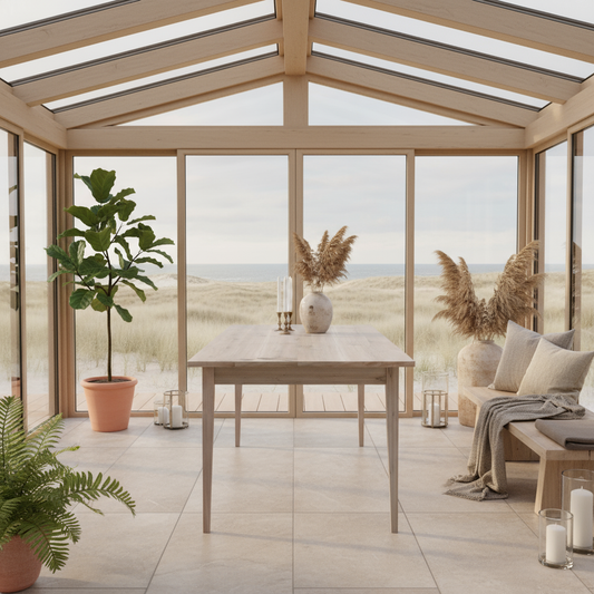 Esstisch von Wildwuchs-Möbel aus grau gewachster Eiche mit schlanken Holzbeinen in rustikalem Design.