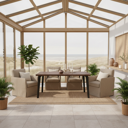 Rustic brown oak dining table by Wildwuchs-Möbel with a hollow leg design in solid steel.