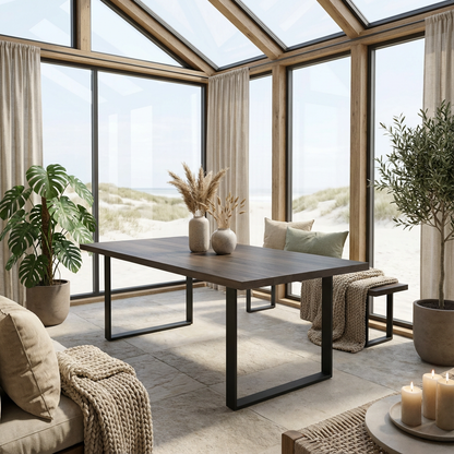 Schwarzer Esstisch mit gewachster Eiche und U-förmigem Fuß von Wildwuchs-Möbel, modern und elegant.