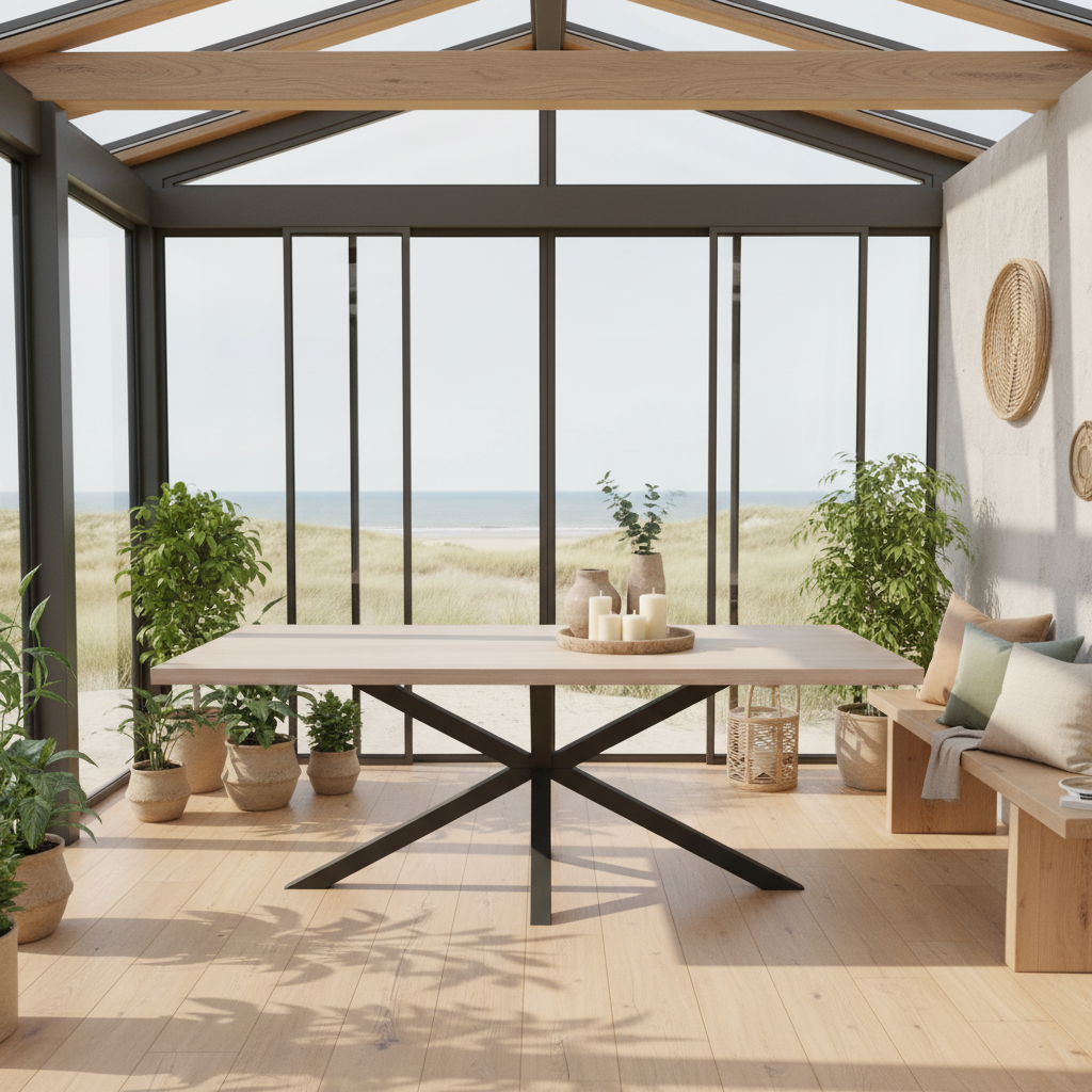 Esstisch aus Eiche, geölt in Grau, mit robustem Spidergestell von Wildwuchs-Möbel, modernes Design, voll sichtbar auf dem Bild