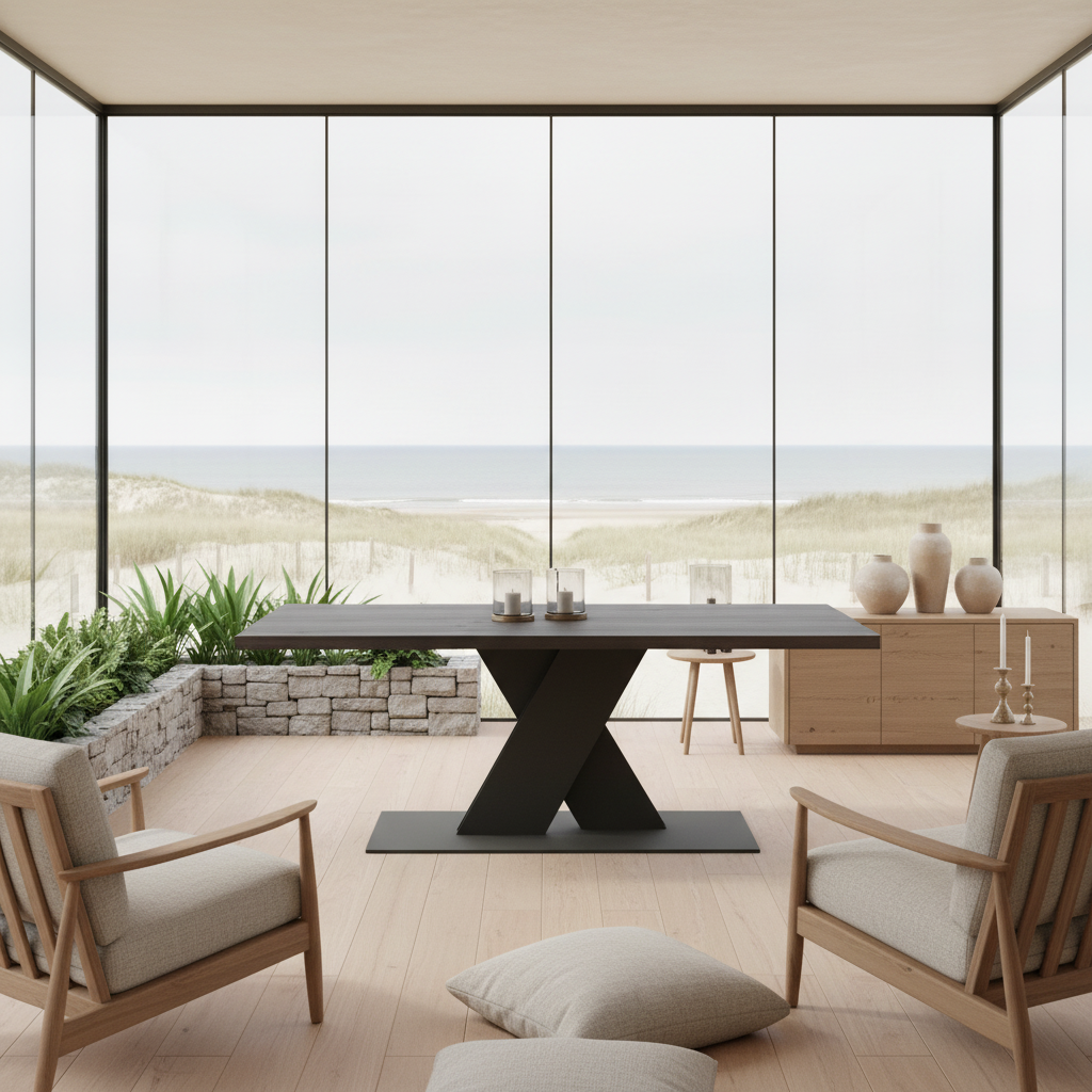 Rustic black waxed oak dining table with flat X-shaped base in solid steel by Wildwuchs-Möbel.