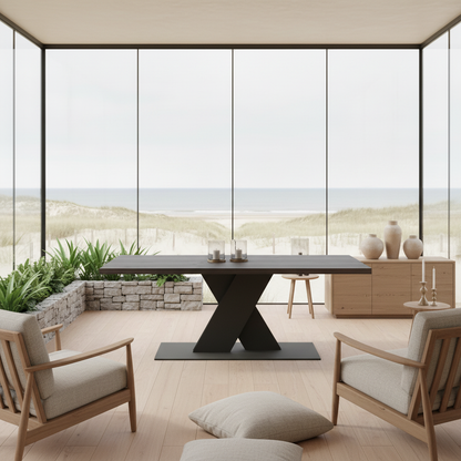 Rustic black waxed oak dining table with flat X-shaped base in solid steel by Wildwuchs-Möbel.