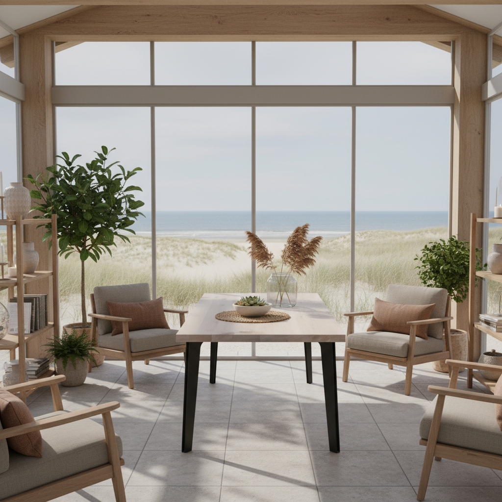 Rustic white oak dining table by Wildwuchs-Möbel with a solid steel "hollow leg" base, showcasing natural wood grain.