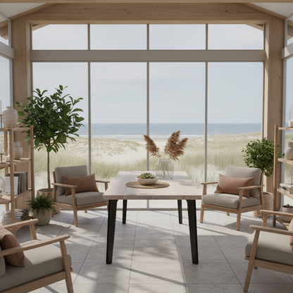 Rustic white oak dining table by Wildwuchs-Möbel with a solid steel "hollow leg" base, showcasing natural wood grain.