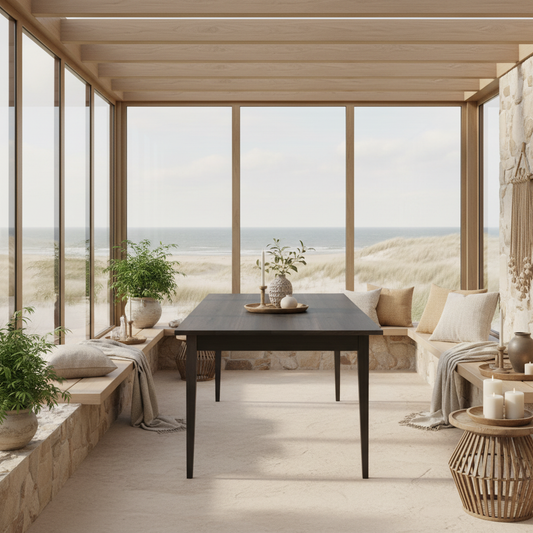 Rustic black waxed oak dining table by Wildwuchs-Möbel with slender wooden legs, showcasing its natural grain and finish.