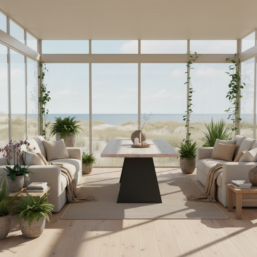 Rustic white oak dining table by Wildwuchs-Möbel with wooden crossbeam and sturdy steel legs.