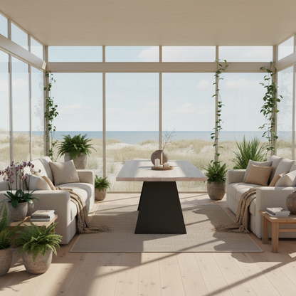 Rustic white oak dining table by Wildwuchs-Möbel with wooden crossbeam and sturdy steel legs.