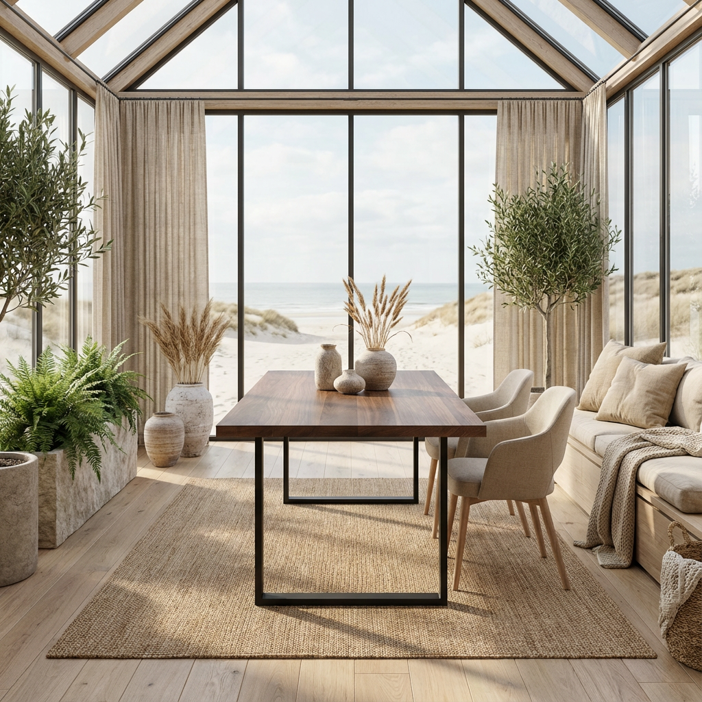 Braun gewachster Esstisch aus Eiche mit U-förmigem Fuß von Wildwuchs-Möbel, elegant und robust im modernen Design.