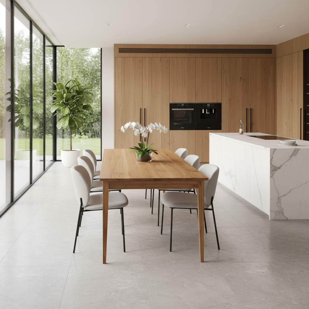 Moderner Esstisch aus Eiche rustikal, natur geölt mit schlankem Holzfuß, langlebiges Wildwuchs-Möbel Design