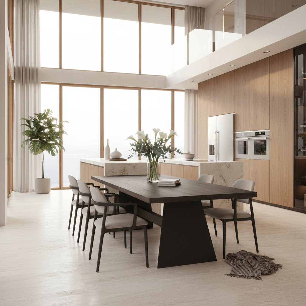 Rustic black oak dining table by Wildwuchs-Möbel with wooden crossbeam and sturdy steel legs.