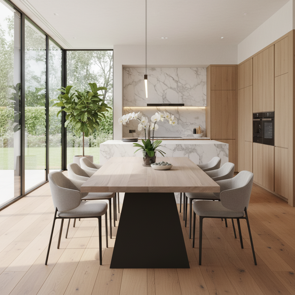 Moderner Esstisch aus Eiche, weiß geölt, mit Stahl-Fuß und Holz-Querträger, von Wildwuchs-Möbel, elegante Esszimmer-Möbel.