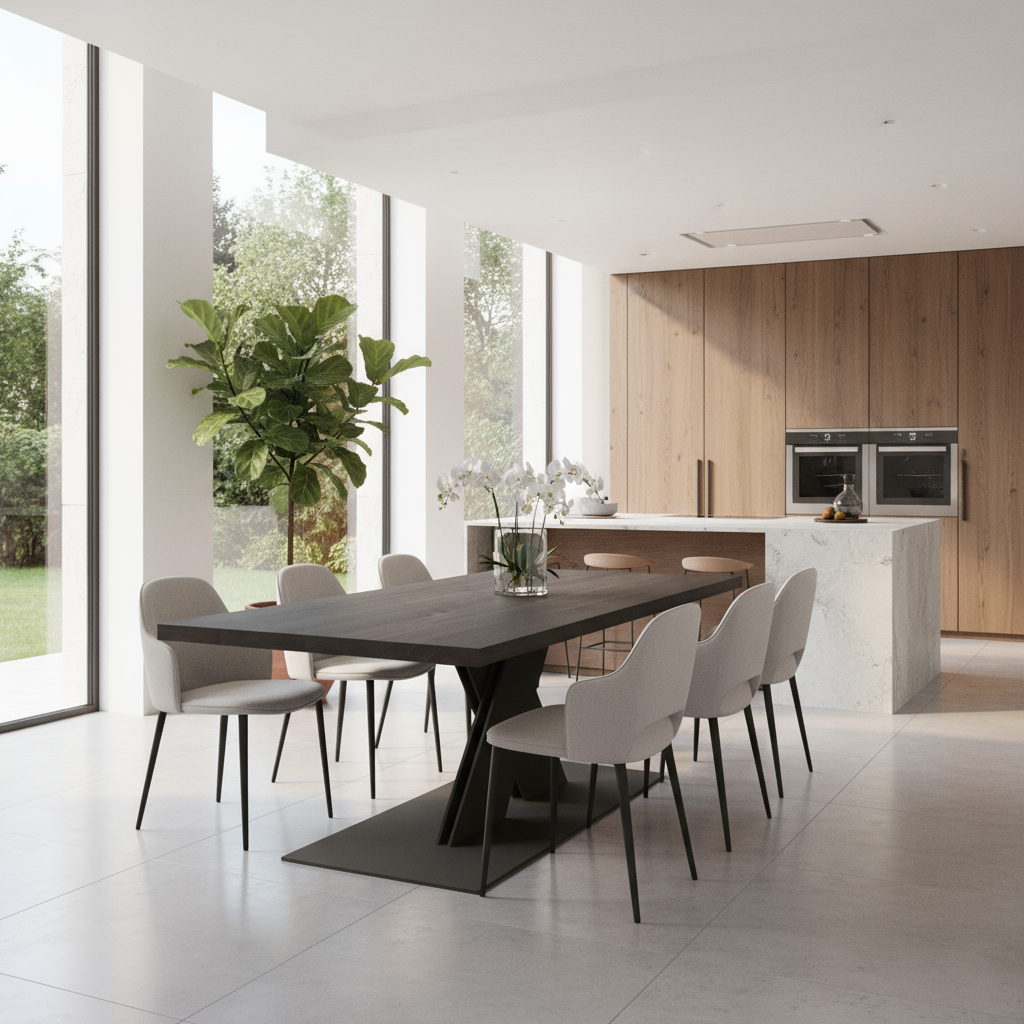 Rustic black oak dining table by Wildwuchs-Möbel with flat X-shaped steel legs, showcasing natural wood grain.