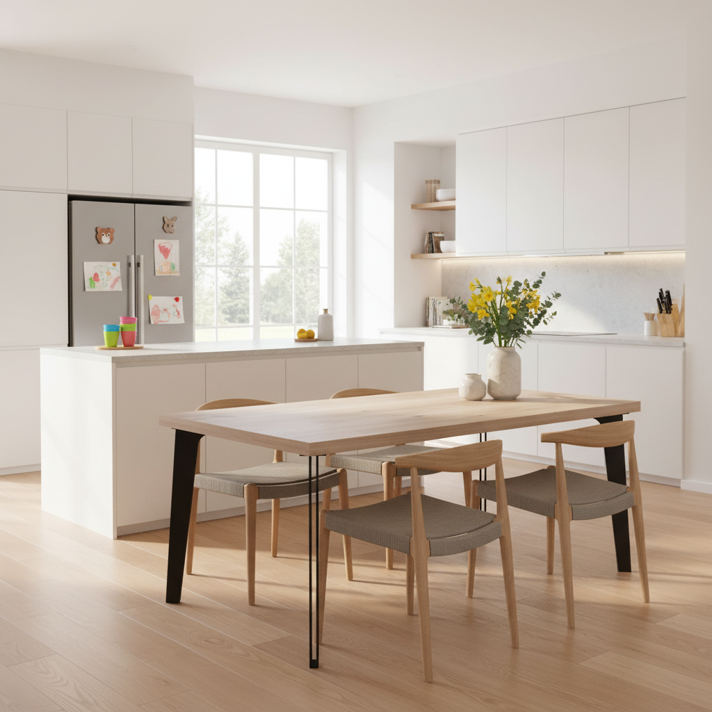 Rustic gray oak dining table by Wildwuchs-Möbel with a hollow leg design made of solid steel.