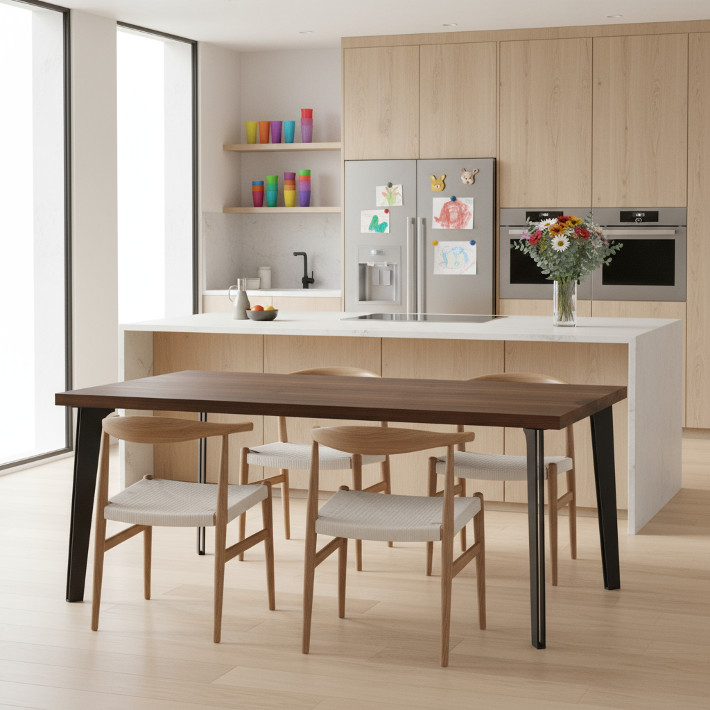 Rustic brown oak dining table by Wildwuchs-Möbel with hollow leg design in solid steel.