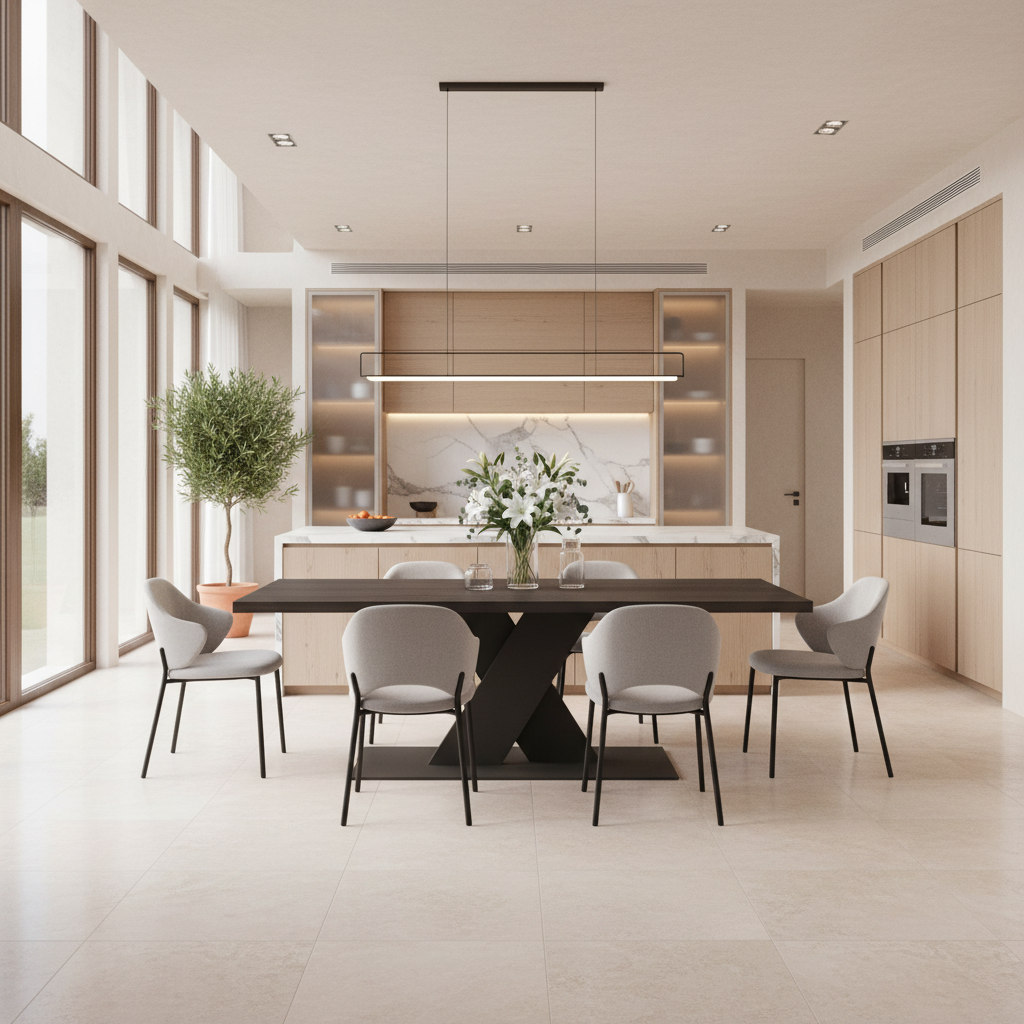 Rustic black waxed oak dining table by Wildwuchs-Möbel with flat X-shaped legs in solid steel and wood.