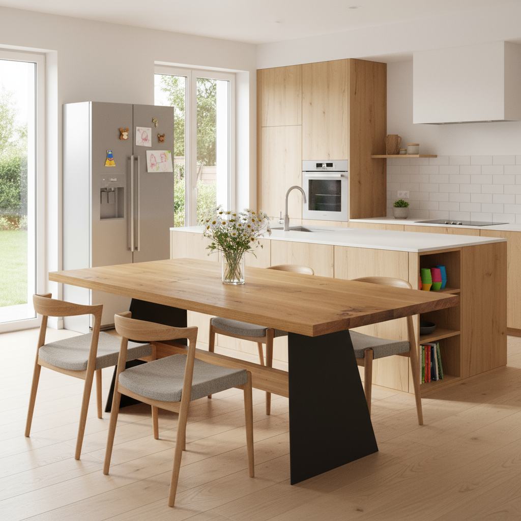 Rustic oak dining table by Wildwuchs-Möbel with a wooden beam foot, showcasing natural waxed finish and sturdy design.