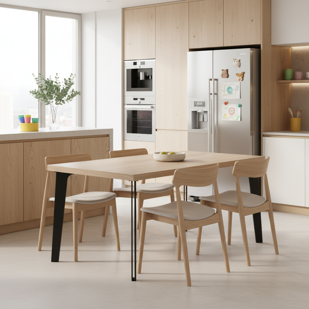Moderner Esstisch aus Eiche mit grauer Öl-Oberfläche und hohlem Stahlbein, robustes Design von Wildwuchs-Möbel.