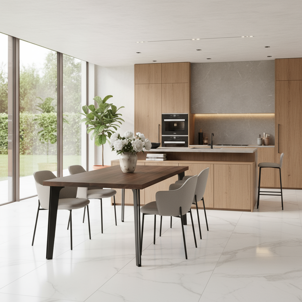 Rustic brown oak dining table with hollow steel legs by Wildwuchs-Möbel, showcasing natural wood grain and sturdy design.