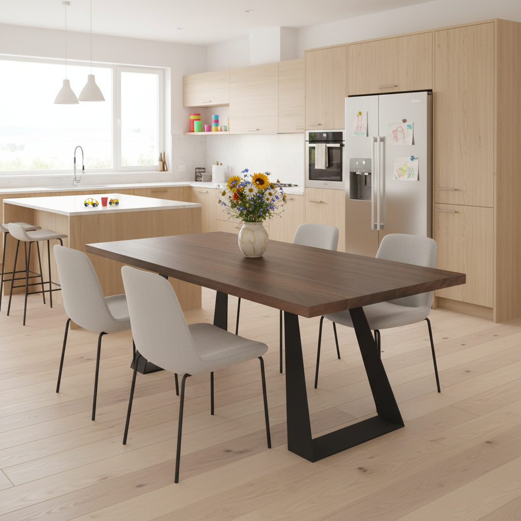 Moderner Esstisch aus Eiche, braun geölt, mit massiven Stahl-Fuß im Trapez-Design, Wildwuchs-Möbel.