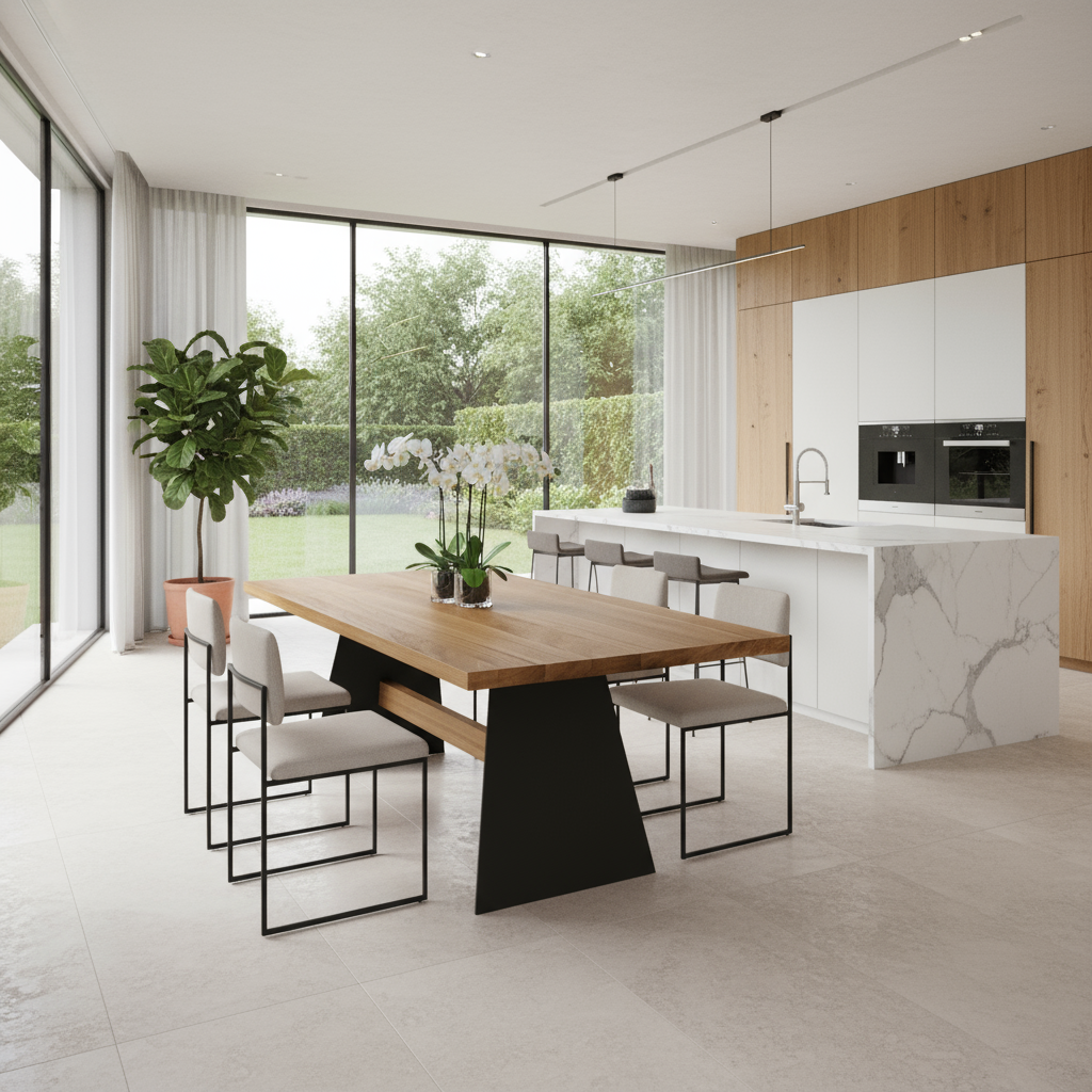 Esstisch von Wildwuchs-Möbel aus gewachster Eiche mit massivem Stahl- und Holzfuß in modernem Design.