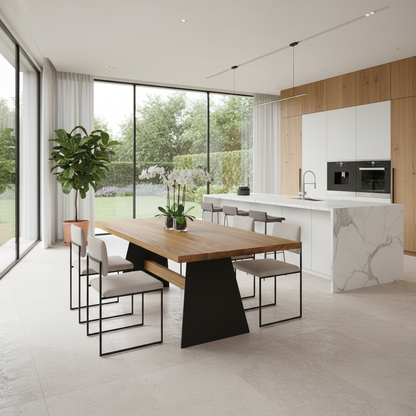 Esstisch von Wildwuchs-Möbel aus gewachster Eiche mit massivem Stahl- und Holzfuß in modernem Design.