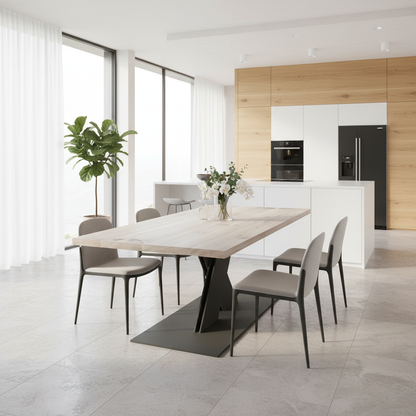 Rustic gray oak dining table by Wildwuchs-Möbel with flat X-shaped base in solid steel, showcasing natural wood grain.