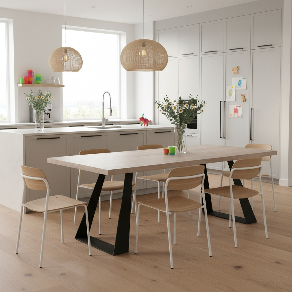 Moderner Esstisch aus Eiche, weiß geölt, mit stabilem Stahl-Fuß im Trapez-Design, von Wildwuchs-Möbel