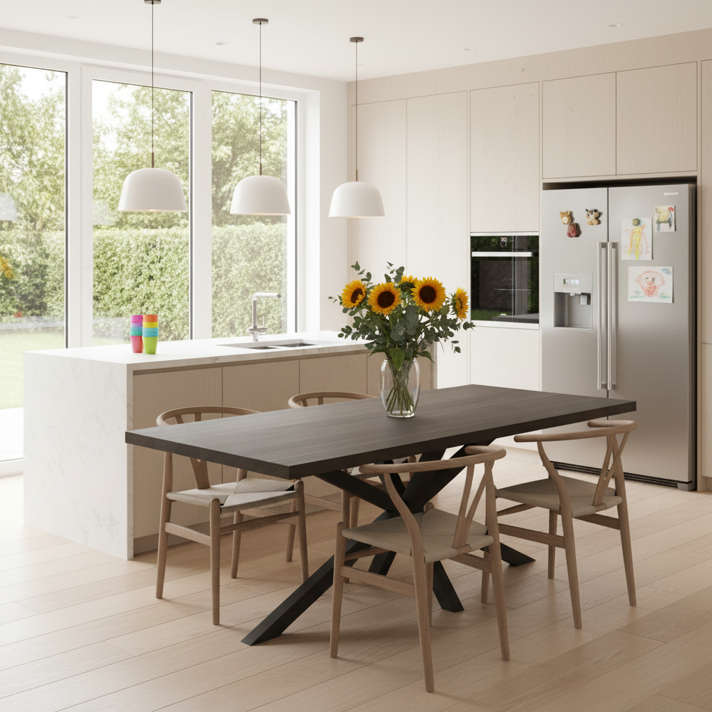 Modern black oak dining table with a spider leg base by Wildwuchs-Möbel, showcasing its sleek design and finish.