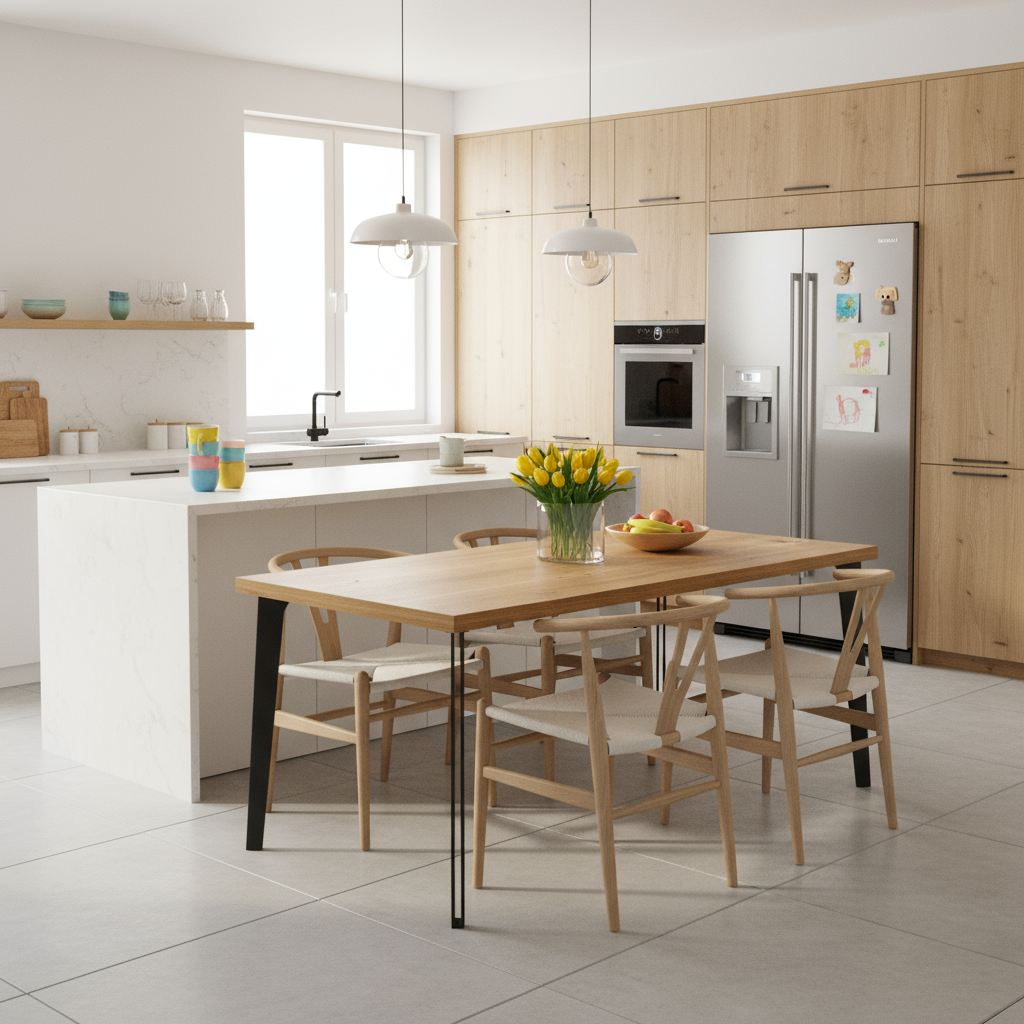 Rustic oak dining table by Wildwuchs-Möbel with a natural wax finish and hollow steel legs, showcasing its sturdy design.