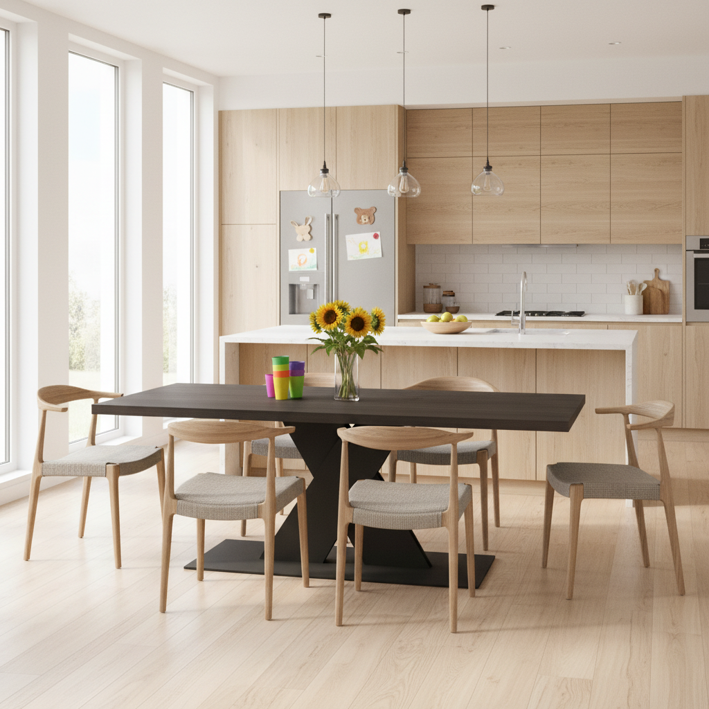 Rustic black oak dining table by Wildwuchs-Möbel with flat X-shaped steel base, showcasing natural wood grain.