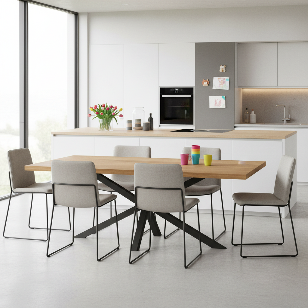 Esstisch aus gewachster Eiche mit modernem Spidergestell von Wildwuchs-Möbel, elegant und zeitlos im Design.