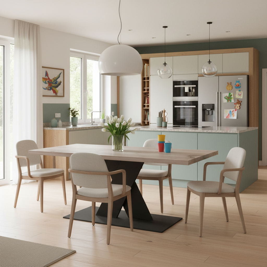 Rustic gray oak dining table by Wildwuchs-Möbel with flat X-shaped base made of solid steel.