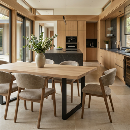 Esstisch aus gewachster Eiche in Grau mit U-förmigem Fuß von Wildwuchs-Möbel, modern und stilvoll gestaltet.