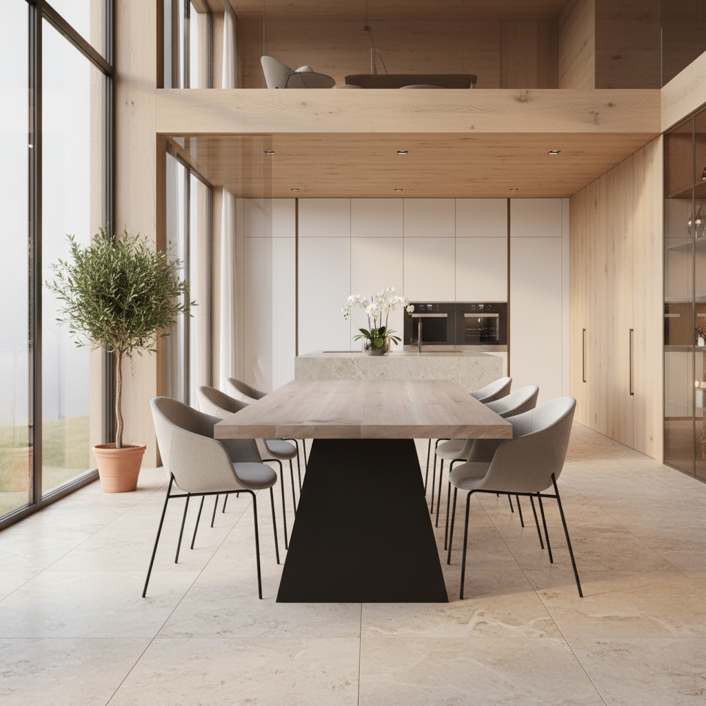 Rustic gray oak dining table by Wildwuchs-Möbel with wooden crossbeam and solid steel base.