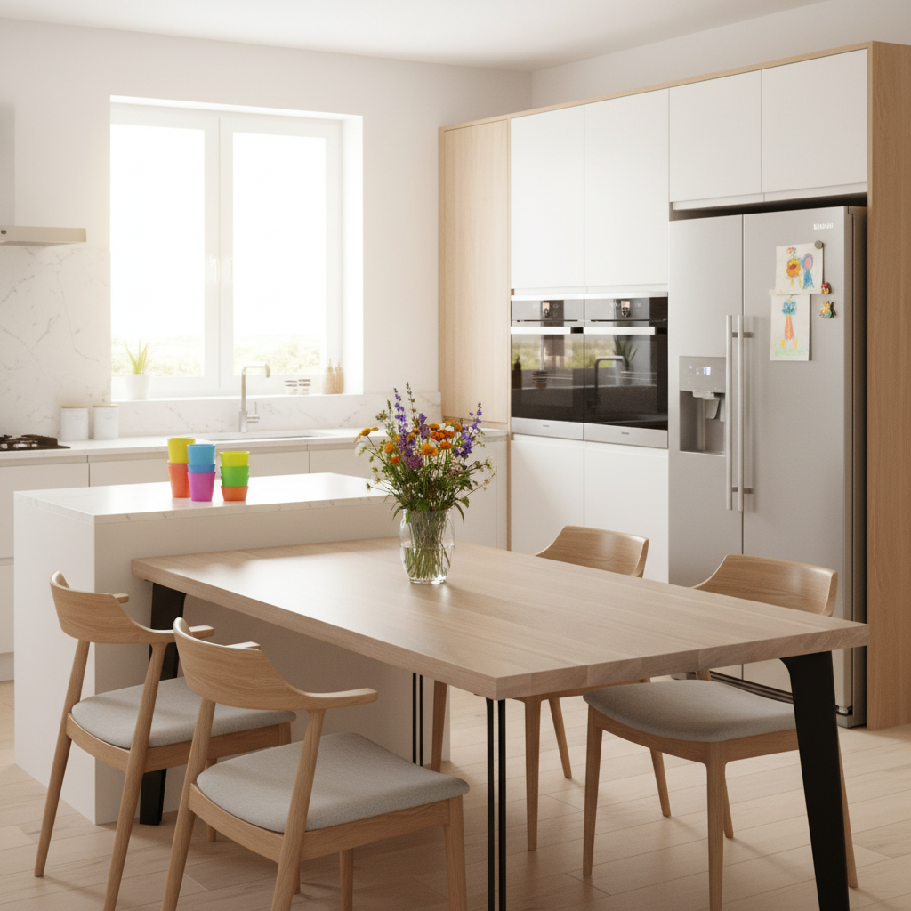 Modern white oak dining table with hollow steel legs by Wildwuchs-Möbel, showcasing natural wood grain and sleek design.