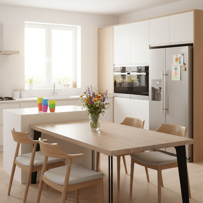 Modern white oak dining table with hollow steel legs by Wildwuchs-Möbel, showcasing natural wood grain and sleek design.