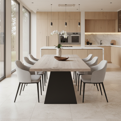 Rustic white oak dining table by Wildwuchs-Möbel with wooden crossbeam and solid steel legs.