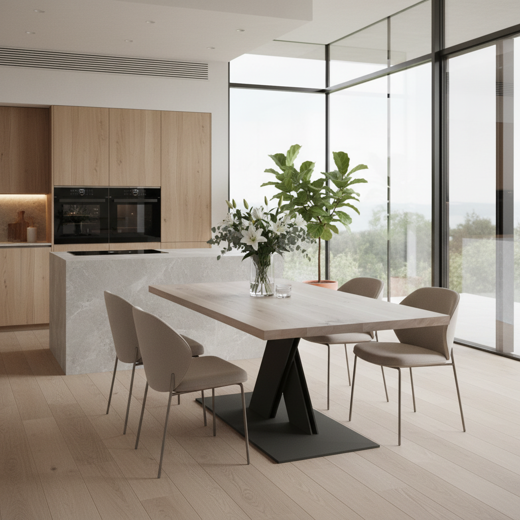 Rustic white oak dining table by Wildwuchs-Möbel with a flat X-shaped base made of solid steel.