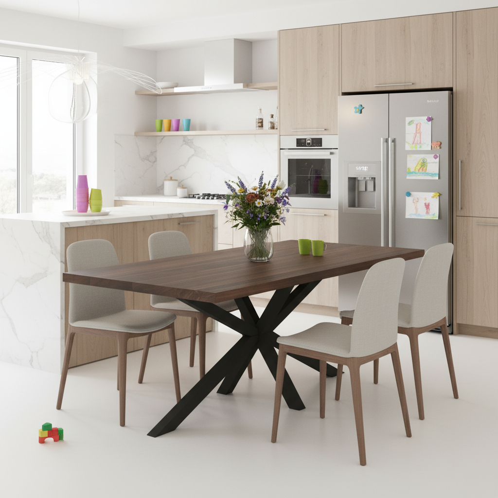 Braun gewachster Esstisch aus Eiche mit Spidergestell von Wildwuchs-Möbel, modern und stilvoll.