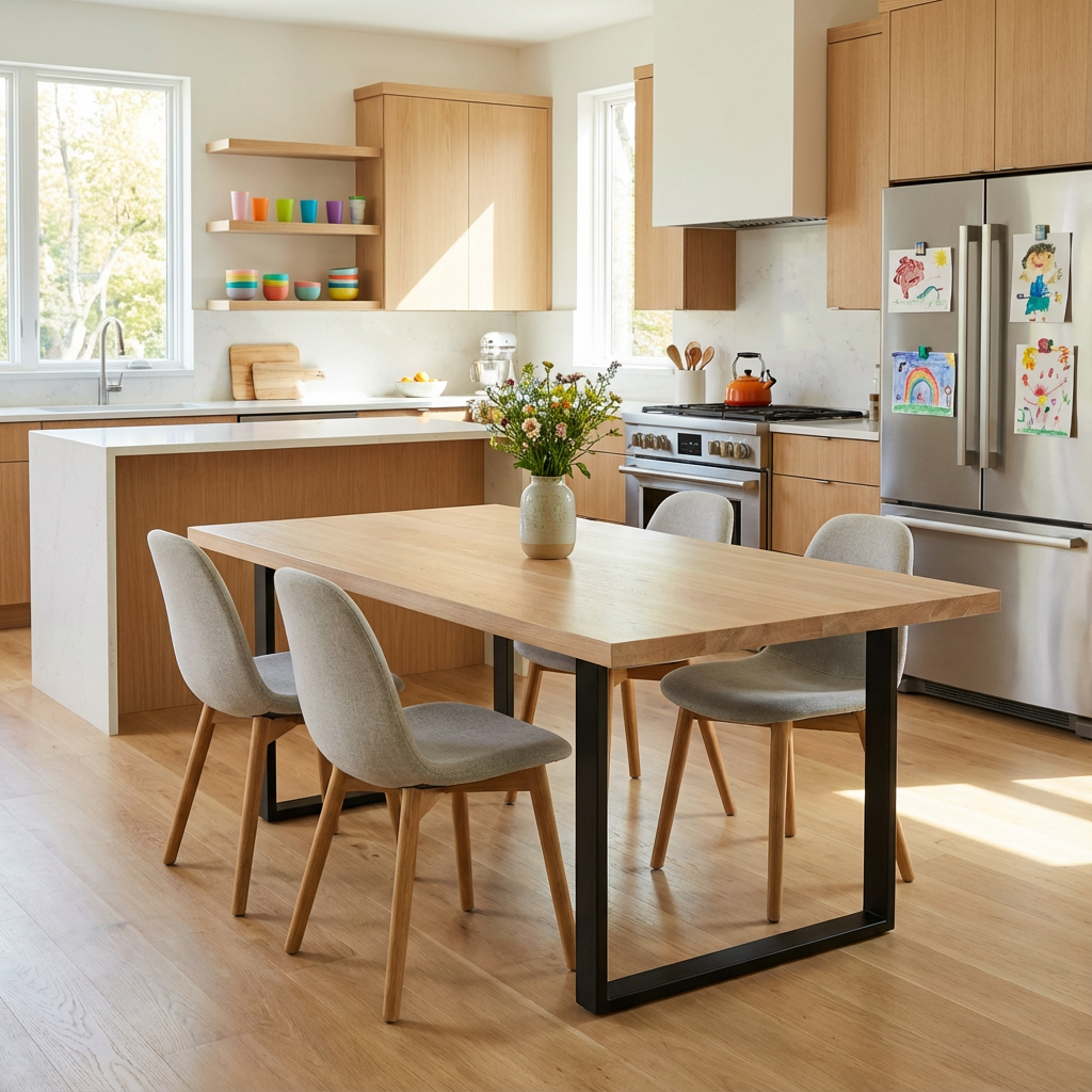 Grauer, gewachster Esstisch aus Eiche mit U-förmigem Fuß von Wildwuchs-Möbel, modernes Design und natürliche Holzmaserung.