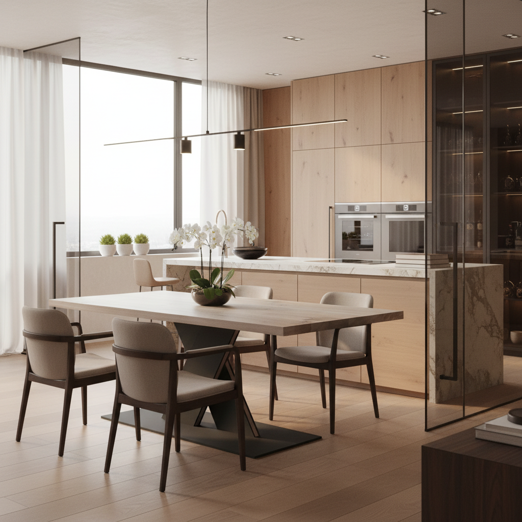 Rustic gray oak dining table by Wildwuchs-Möbel with flat X-shaped legs made of solid steel and wood.