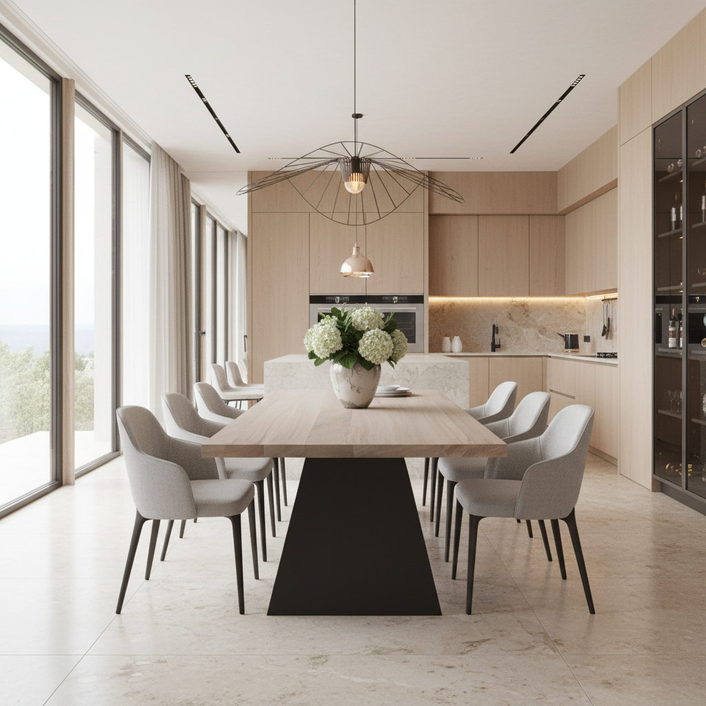 Esstisch aus grauem, gewachstem Eichenholz mit stabilen Querträgern aus massivem Stahl von Wildwuchs-Möbel.