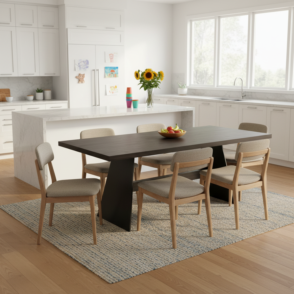 Rustic black waxed oak dining table by Wildwuchs-Möbel with wooden cross-brace and sturdy steel legs.