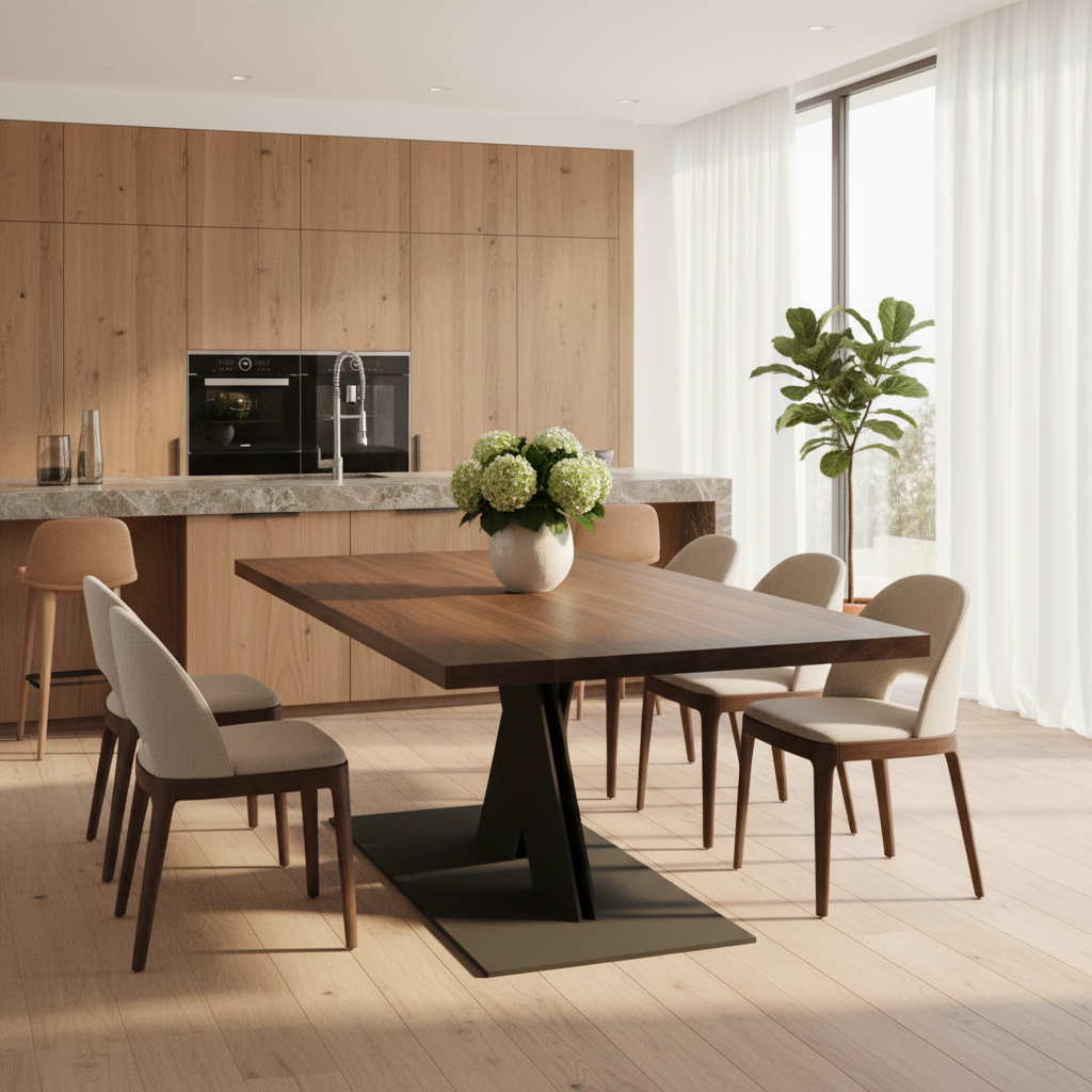 Moderner Esstisch aus Eiche mit brauner Öl-Finish und Fuß im flachen X-Design aus Stahl von Wildwuchs-Möbel