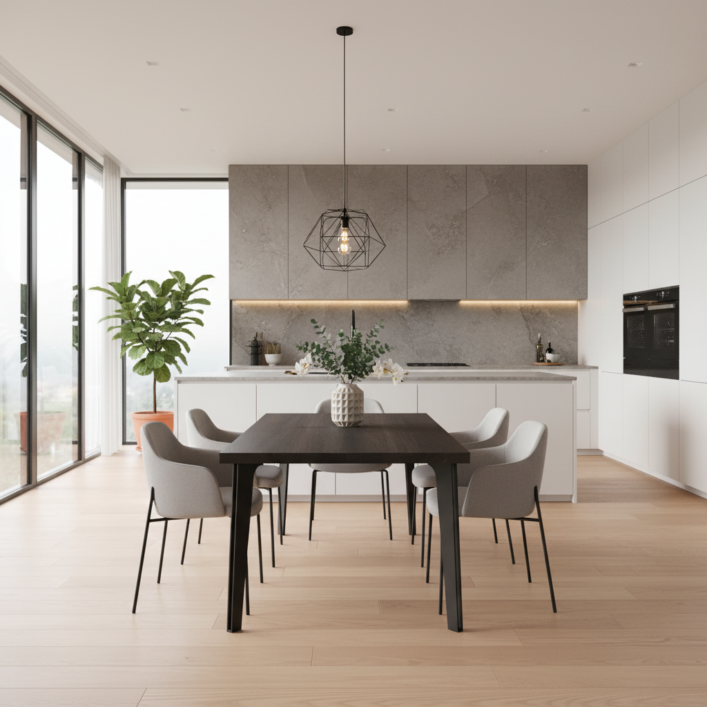 Rustic black waxed oak dining table by Wildwuchs-Möbel with sturdy hollow leg design in solid steel.