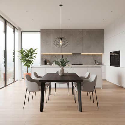 Rustic black waxed oak dining table by Wildwuchs-Möbel with sturdy hollow leg design in solid steel.